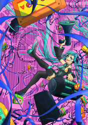  510f absurdres aqua_necktie black_shirt black_skirt blue_eyes blue_hair boombox boots breasts cassette_tape detached_sleeves drop_shadow falling female hatsune_miku highres holding holding_boombox holding_megaphone megaphone necktie open_mouth shirt sideboob skirt solo speaker teeth thigh_boots tie_clip upper_teeth_only vocaloid 