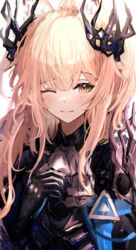  ;) absurdres animal_ear_fluff animal_ears arknights armor ascot blemishine_(arknights) blemishine_(moon_catastrborn)_(arknights) blush brown_eyes closed_mouth commentary_request female full_armor gauntlets grey_ascot hair_ornament highres horse_ears long_hair looking_at_viewer official_alternate_costume one_eye_closed sikinose_val simple_background smile solo upper_body very_long_hair white_background 