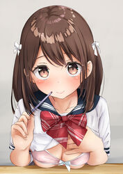  blue_sailor_collar blush bow bowtie bra breasts brown_eyes brown_hair closed_mouth clothes_lift commentary_request female front-tie_bra grey_background hair_ribbon hand_on_own_chest highres holding holding_pencil lifting_own_clothes long_hair looking_at_viewer medium_breasts miyuki_(yxbt7) original pencil pink_bra red_bow red_bowtie ribbon sailor_collar shirt shirt_lift short_sleeves simple_background sleeve_cuffs smile solo striped_bow striped_bowtie striped_clothes underwear upper_body white_ribbon white_shirt 