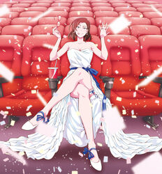  :p asai_(asumithi) blue_eyes breasts brown_hair cleavage confetti crossed_legs cup disposable_cup dress drink drinking_straw earrings female glasses jewelry kine-san_no_1-ri_de_cinema kine_machiko movie_theater official_art red-framed_eyewear ring sitting solo theater theater_seating tongue tongue_out unworn_eyewear wedding_dress wedding_ring white_dress 