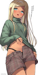  black_panties blonde_hair blue_eyes blush brown_shorts dark-skinned_female dark_skin female green_sweater head_tilt highres idolmaster idolmaster_cinderella_girls layla_(idolmaster) long_hair looking_at_viewer navel panties shorts simple_background smile solo straight_hair sweater translated trente underwear unzipped very_long_hair white_background 