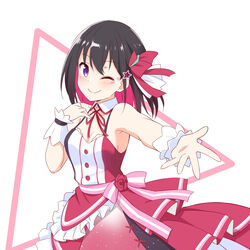  armpits azki_(3rd_costume)_(hololive) azki_(hololive) black_hair bow breasts cleavage collarbone colored_inner_hair dress english_commentary felutiahime female flower hand_on_own_chest highres hololive medium_breasts multicolored_hair one_eye_closed open_hand pink_bow pink_dress pink_hair rose smile solo virtual_youtuber wrist_cuffs 