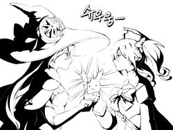  barbara_(genshin_impact) bare_shoulders detached_sleeves dress drill_hair earrings eye_contact genshin_impact gloves greyscale gs_pno hair_ornament hat highres jewelry jumpy_dumpty korean_commentary korean_text light_rays looking_at_another mona_(genshin_impact) monochrome shining translation_request 