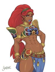  abs armor artist_name bare_shoulders blue_eyes breastplate breasts choker circlet commentary cowboy_shot dark-skinned_female dark_skin earrings english_commentary female gerudo hair_pulled_back highres hoop_earrings jewelry long_hair looking_at_viewer medium_breasts midriff muscular muscular_female navel obliques parted_lips pointy_ears ponytail red_hair ring shardanic simple_background skirt solo teeth the_legend_of_zelda the_legend_of_zelda:_breath_of_the_wild urbosa very_long_hair watermark white_background 