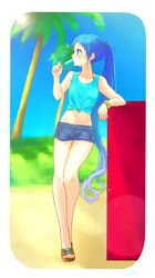  alternate_costume alternate_hairstyle bare_legs beach blue_eyes blue_hair bracelet commentary_request female food highres jewelry kantai_collection long_hair long_legs midriff nail_polish otowa_ori_ko outdoors ponytail popsicle protected_link samidare_(kancolle) sand sandals shirt short_shorts shorts sleeveless solo tied_shirt toenail_polish toenails very_long_hair 