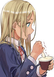  absurdres blonde_hair dark-skinned_female dark_skin female food from_side haruyuki_(gffewuoutgblubh) highres ice_cream ice_cream_cup ice_cream_spoon idolmaster idolmaster_cinderella_girls idolmaster_cinderella_girls_starlight_stage jacket layla_(idolmaster) long_hair neck_ribbon ribbon school_uniform shirt spoon upper_body white_shirt 