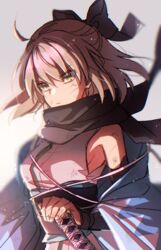  ahoge black_scarf black_sleeves bow bruise bruise_on_face detached_sleeves fate_(series) female floating_hair grey_eyes grey_hair hair_between_eyes hairbow hand_on_own_hip haori injury japanese_clothes kimono koha-ace long_hair long_sleeves okita_souji_(fate) okita_souji_(koha-ace) red_bow scarf shinsengumi sleeveless sleeveless_kimono solo upper_body wasa_(wanosabi) white_kimono 