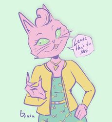  anthro bbravaa bojack_horseman cardigan clothing dress felid feline female fur hair hand_on_hip hi_res jewelry mammal netflix pink_body pink_fur pink_hair princess_carolyn solo speech_bubble 