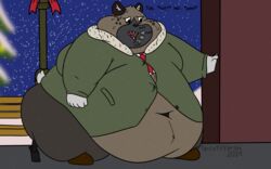  2019 absurd_res aggretsuko anthro belly bench big_belly bodily_fluids breath brown_body brown_fur chubby_cheeks clothing coat digital_drawing_(artwork) digital_media_(artwork) english_text fur haida_(aggretsuko) hi_res huge_thighs hyena leaning_on_wall male mammal morbidly_obese morbidly_obese_anthro navel necktie obese obese_anthro obese_male overweight overweight_anthro overweight_male panting sanrio signature small_shirt snow snowing solo spicy_wahtte spotted_hyena sweat text thick_thighs topwear winter 