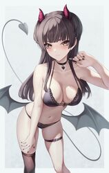  alternate_costume bare_arms bare_shoulders black_bra black_choker black_nails black_panties bra breasts brown_eyes brown_hair brown_thighhighs choker cleavage collarbone demon_girl demon_horns demon_tail demon_wings female front-tie_bra front-tie_top halterneck hand_on_own_thigh hand_up highres horns idolmaster idolmaster_shiny_colors large_breasts leaning_forward long_hair looking_at_viewer low_wings marinesnow mayuzumi_fuyuko nail_polish navel panties single_thighhigh skindentation smile solo standing stomach string_bra string_panties tail thigh_strap thighhighs thighs underwear underwear_only white_background wings 