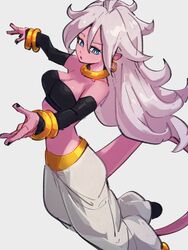  android_21 black_sleeves blue_eyes bracelet breasts choker cleavage colored_skin commentary_request crop_top detached_sleeves dragon_ball dragon_ball_fighterz earrings female grey_background hair_between_eyes hoop_earrings jewelry kemachiku long_hair majin_android_21 medium_breasts midriff open_mouth pink_skin simple_background solo tail white_hair yellow_choker 