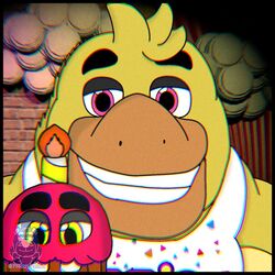  1:1 anthro avian beak bib bird buckteeth candle chica_(fnaf) chicken cupcake cupcake_(fnaf) eyebrows fire five_nights_at_freddy&#039;s food freddynsfwgay galliform gallus_(genus) inanimate_object male orange_beak phasianid purple_eyes rule_63 scottgames smile solo teeth thick_eyebrows 