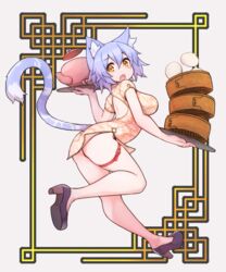  animal_ears ass blue_hair blush breasts cat_ears cat_tail china_dress chinese_clothes chinese_food commentary_request dress female food highres holding large_breasts looking_at_viewer open_mouth orange_eyes original ryota_tentei scar scar_on_face short_hair solo tail tora_tentei 