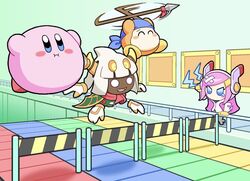  2boys bandaid bandana bandana_waddle_dee blue_bandana blue_eyes blush_stickers bonziri_1658 cape commentary_request conveyor_belt disembodied_hand extra_eyes fangs female floating horns hurdle kirby kirby_(series) long_hair mario_(series) mario_party mario_party_7 minigame multiple_boys no_mouth open_mouth pink_hair polearm rayman_limbs red_scarf scarf short_hair spear susie_(kirby) taranza tears weapon white_eyes white_hair yellow_eyes 