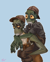  2018 alf_(oddworld) alien alien_humanoid bottomwear carrying_another clothed clothing digital_drawing_(artwork) digital_media_(artwork) duo green_body hat headgear headwear hi_res humanoid male mudokon not_furry oddsod oddworld overalls pants piggyback shirt simple_background smile standing toby_(oddworld) topless topwear yellow_sclera young 