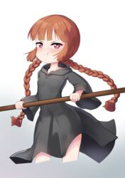  :t absurdres bad_id bad_pixiv_id black_dress black_robe blunt_bangs blush braid brown_hair commentary dress female highres holding holding_staff kukuri_(mahoujin_guruguru) looking_at_viewer mahoujin_guruguru n3moni pout red_eyes robe simple_background solo staff standing symbol-only_commentary twin_braids twintails white_background 