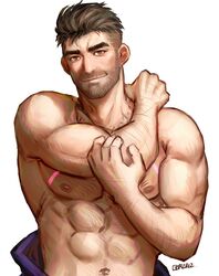  1boy bara clothes_down facial_hair gea greentea hairy hairy_chest looking_at_viewer male male_only muscles muscular muscular_male pokemon pokemon_sv professor_turo stubble 