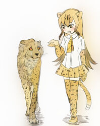  2019 3_toes absolute_territory adolescent ambiguous_gender animal_humanoid animal_print armwear biped black_body black_fur black_hair black_highlights black_markings black_nose black_spots black_tail blonde_hair blush bottomwear breasts cheetah cheetah_(kemono_friends) cheetah_humanoid cheetah_print clothed clothing dress_shirt duo elbow_gloves eye_contact eye_markings eye_through_hair eyebrow_through_hair eyebrows facial_markings feet felid felid_humanoid feline feline_humanoid female feral footwear front_view full-length_portrait fully_clothed fur gloves hair handwear hatching_(art) head_markings hi_res highlights_(coloring) humanoid iceeye_ena japanese kemono_friends larger_female larger_humanoid legwear light_body light_skin long_hair long_tail looking_aside looking_at_another looking_down looking_up mammal mammal_humanoid markings multicolored_body multicolored_fur multicolored_hair multicolored_tail necktie open_mouth open_smile orange_eyes pleated_skirt portrait quadruped shaded shadow shirt shoes simple_background size_difference skirt smaller_ambiguous smaller_feral smile snout socks spots spotted_body spotted_fur spotted_hair standing tail tan_body tan_skin thigh_highs thigh_socks toes topwear translucent translucent_hair two_tone_body two_tone_fur two_tone_hair walking whiskers white_background white_clothing white_shirt white_tail white_topwear yellow_armwear yellow_body yellow_bottomwear yellow_clothing yellow_ears yellow_eyes yellow_fur yellow_legwear yellow_sclera yellow_skirt yellow_tail young 