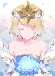  bare_shoulders blonde_hair blue_flower blue_hair bouquet bridal_veil bride bride_(fire_emblem) closed_eyes closed_mouth collarbone commentary_request crown dress earrings female fire_emblem fire_emblem_heroes fjorm_(bridal)_(fire_emblem) fjorm_(fire_emblem) flower gradient_hair hair_between_eyes hair_flower hair_ornament highres holding holding_bouquet jewelry multicolored_hair petals sakuramotikun short_hair simple_background smile solo veil wedding_dress white_background white_dress 