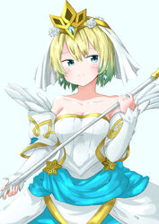  bare_shoulders blonde_hair blue_eyes blue_hair bride closed_mouth commentary_request crown dress earrings female fire_emblem fire_emblem_heroes fjorm_(bridal)_(fire_emblem) fjorm_(fire_emblem) flower hair_flower hair_ornament holding holding_staff jewelry lillian8710 multicolored_hair short_hair simple_background smile solo staff strapless strapless_dress upper_body veil wedding_dress white_dress 