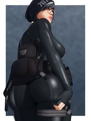  aethos ass ass_support back backpack bag beanie black_gloves black_hair black_hat black_legwear bodysuit breasts brown_eyes closed_mouth commentary_request cowboy_shot dokkaebi_(rainbow_six_siege) female fingerless_gloves from_behind glasses gloves hat highres large_breasts lips looking_away looking_to_the_side military military_uniform multicolored_hair nail_polish pouch rainbow_six_siege round_eyewear silver_hair simple_background skin_tight solo standing thigh_strap tight_clothes two-tone_hair uniform 