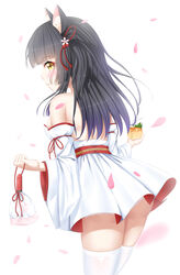  :o absurdres animal_ears arm_ribbon ass azur_lane bag bare_back bare_shoulders black_hair blush breasts cat_ears cherry_blossoms commentary_request cowboy_shot cup denfunsan detached_sleeves dress drink drinking_straw female furisode hair_ornament hair_ribbon handbag head_tilt highres japanese_clothes kimono leaf leaf_background long_hair looking_at_viewer miko obi official_alternate_costume red_ribbon red_sash ribbon sash satchel short_dress short_kimono simple_background sleeveless sleeveless_dress small_breasts solo thighhighs thighs white_background white_bag white_dress white_thighhighs wide_sleeves yellow_eyes yuugure_(azur_lane) yuugure_(evening_flower)_(azur_lane) 