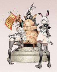  1boy 2b_(nier:automata) 2girls 9s_(nier:automata) a2_(nier:automata) animal_ears ass black_hairband black_legwear blindfold boots breasts commentary_request diamond_(shape) elbow_gloves feather-trimmed_sleeves flag gloves grey_background hairband high_heel_boots high_heels highleg highleg_leotard highres horn_(instrument) komi_shin&#039;ya leotard long_hair machine_(nier) mole mole_under_mouth multiple_girls navel nier:automata nier_(series) rabbit_ears rabbit_tail short_hair sitting spade_(shape) standing statue stomach tail thighhighs thighhighs_under_boots toeless_legwear white_hair 