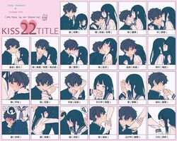  1boy arm_kiss artist_logo between_breasts black_hair black_sailor_collar black_skirt blue_neckerchief blush breasts character_name chart check_translation chitanda_eru closed_eyes closed_mouth female female_pov finger_kiss gakuran green_eyes hand_blush heart highres hug hyouka kamiyama_high_school_uniform_(hyouka) kiss_chart kissing kissing_cheek kissing_foot kissing_forehead kissing_hair kissing_hand kissing_leg kissing_neck kissing_thigh korean_text long_hair mery_(yangmalgage) multiple_drawing_challenge neckerchief one_eye_closed oreki_houtarou parted_lips partially_translated pink_background pleated_skirt pov purple_eyes sailor_collar school_uniform serafuku shirt simple_background skirt socks speech_bubble spoken_squiggle squiggle straight translation_request white_legwear white_shirt 