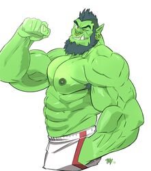  2018 abs armpit_hair beard biceps big_muscles black_hair body_hair bottomwear brown_eyes clothing ear_piercing ear_ring eyebrows facial_hair facial_piercing flexing green_body green_nipples green_skin hair hi_res humanoid humanoid_pointy_ears looking_at_viewer male mohawk muscular muscular_humanoid muscular_male nipples nose_piercing nose_ring not_furry one_eye_closed orc pecs piercing ring_piercing shorts simple_background smile solo thick_eyebrows thymilph tusks wink 