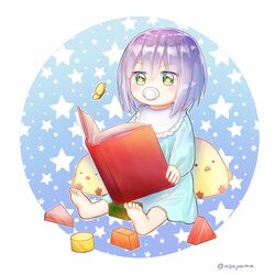  +_+ aged_down asayama atelier_(series) baby bad_id bad_pixiv_id barefoot blue_background blue_dress book book_focus bug butterfly commentary_request dress female green_eyes hair_between_eyes highres holding holding_book long_sleeves open_book pacifier plachta purple_hair short_hair sitting solo star_(symbol) starry_background stuffed_chicken toy twitter_username v-shaped_eyebrows 