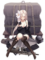  absurdres assault_rifle aug_(girls&#039;_frontline) bare_shoulders black_footwear black_thighhighs boots breasts bullpup collarbone commentary cross cross_necklace female flower full_body girls&#039;_frontline gun hair_between_eyes hair_flower hair_ornament hair_ribbon herol high_heel_boots high_heels highres jewelry long_hair looking_at_viewer medium_breasts necklace one_eye_closed orange_eyes playerunknown&#039;s_battlegrounds ribbon rifle sitting solo steyr_aug thigh_boots thighhighs torn_boots weapon 