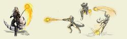  2019 aardwolf absurd_res action_pose anthro arks_sadinian armor attack chainmail dual_wielding fantasy_weapon female ferax fire flaming_weapon fluffy fluffy_tail green_eyes hi_res holding_object holding_weapon hyena jumping magic_weapon mammal meteor_hammer official_art pose saorsa solo standing stripes tail weapon 