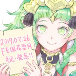  braid closed_mouth commentary_request dated female fire_emblem fire_emblem:_three_houses green_eyes green_hair hair_ornament hair_ribbon long_hair pointy_ears qumaoto ribbon ribbon_braid side_braid simple_background smile solo sothis_(fire_emblem) tiara translation_request twin_braids white_background 