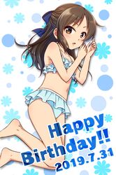  bikini blue_bikini blush bow brown_eyes brown_hair commentary_request female hair_ornament hairbow idolmaster idolmaster_cinderella_girls idolmaster_cinderella_girls_starlight_stage legs long_hair looking_at_viewer naoharu_(re_barna) open_mouth solo swimsuit tachibana_arisu 