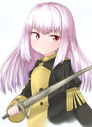  blush commentary_request epaulettes female fire_emblem fire_emblem:_three_houses garreg_mach_monastery_uniform lillian8710 long_hair lysithea_von_ordelia pink_eyes solo sword uniform weapon white_background white_hair 