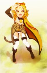  alicia_rue animal_ears bad_id bad_pixiv_id bell blonde_hair boots brown_tail cat_ears cat_girl cat_tail circlet cloak curry_gohan fangs female highres looking_up short_hair solo sword_art_online tail thighhighs yellow_eyes 