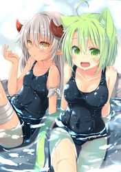  2girls ahoge animal_ears bandages cat_ears cat_tail commentary_request dodome-iro_mayonnaise green_eyes green_hair grey_hair horns long_hair looking_at_viewer multiple_girls one-piece_swimsuit open_mouth original partially_submerged pointy_ears school_swimsuit sharon_(dodomayo) short_hair sitting swimsuit tail water yellow_eyes 