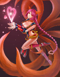  absurdres ahri_(league_of_legends) alternate_costume alternate_hair_color alternate_hairstyle animal_ears arm_wrap bad_id bad_pixiv_id boots bow braid breasts choker cleavage facial_mark female fox_ears fox_tail foxfire_ahri from_side full_body glowing grin hair_ornament heart highres jewelry knee_boots large_breasts league_of_legends leg_up lens_flare long_hair multiple_tails myurumyuru orange_eyes parted_bangs pendant photoshop_(medium) purple_hair rope single_braid smile solo swept_bangs tail tassel vambraces very_long_hair whisker_markings wrist_wrap 