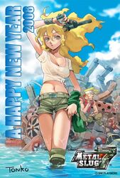  1boy 2008 belt blonde_hair breasts cleavage crab female fishing gold_eyes gun happy_new_year kasamoto_eri knee_pads long_hair looking_at_viewer marco_rossi medium_breasts metal_slug midriff navel new_year official_art revolver senno_aki shirt short_shorts shorts signature sky snk thigh_gap water weapon wet wet_clothes wet_shirt wristband yellow_eyes 