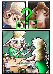  2016 anthro bovid caprine contact_lenses dawn_bellwether disney domestic_sheep doug_ramses duo eyewear female fur glasses green_eyes green_room hi_res horizontal_pupils humor inside looking_at_mirror looking_at_object male mammal mirror penmark pupils question_mark reflection screencap sheep smile zootopia 