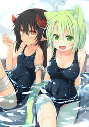  2girls ahoge animal_ears bandages black_hair cat_ears cat_tail commentary_request dodome-iro_mayonnaise green_eyes green_hair horns long_hair looking_at_viewer multiple_girls one-piece_swimsuit open_mouth original partially_submerged pointy_ears school_swimsuit sharon_(dodomayo) short_hair sitting swimsuit tail water yellow_eyes 