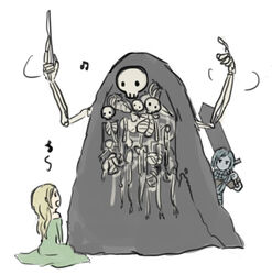  1boy blonde_hair commentary_request conductor dark_souls_(series) dark_souls_i dark_souls_ii dress female grave_warden_agdayne gravelord_nito milfanito music open_mouth photoshop_(medium) singing skull spidercandy_(99hunters) sword weapon 