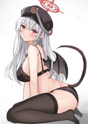  absurdres ass bare_back bent_over black_bra black_panties black_thighhighs blue_archive bra braid breasts commentary demon_girl demon_tail demon_wings female from_side full_body grey_hair hair_between_eyes halo haruna_(blue_archive) hat head_tilt highres kirin_(kirin1023) long_hair looking_at_viewer looking_to_the_side midriff panties peaked_cap red_eyes sideboob sidelocks simple_background single_braid single_wing sitting sleeveless smile solo tail tail_raised thighhighs underwear wariza white_background wings 