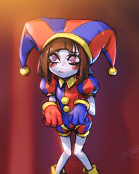  asymmetrical_gloves blue_eyes blue_gloves blue_hat blurry blurry_background blush_stickers brown_hair colored_skin female gloves hat hat_bell highres jester jester_cap jester_costume mismatched_gloves multicolored_clothes multicolored_hat paw_pose phantom_ix_row pomni_(the_amazing_digital_circus) puffy_short_sleeves puffy_sleeves red_background red_eyes red_gloves red_hat short_sleeves signature solo striped_clothes striped_headwear the_amazing_digital_circus two-tone_eyes vertical-striped_bodysuit vertical-striped_clothes vertical-striped_headwear white_skin 