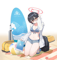  absurdres ayane_(blue_archive) ayane_(swimsuit)_(blue_archive) ball beachball black_hair blue_archive breasts closed_mouth collarbone commentary_request female glasses grey_shorts haihara_yuuya halo highres holding holding_tablet_pc horizontal-striped_thighhighs jacket kneeling looking_at_viewer medium_breasts official_alternate_costume open_clothes open_jacket pointy_ears red-framed_eyewear red_halo sand sandals short_hair short_shorts shorts simple_background smile striped_clothes striped_thighhighs swimsuit tablet_pc thighhighs thighs white_background white_jacket yellow_eyes 