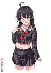  ahoge black_hair black_skirt blush breasts collarbone commentary cowboy_shot crescent crescent_pin cropped_legs ebifurya female hair_between_eyes highres kantai_collection long_sleeves looking_at_viewer midriff mikazuki_(kancolle) navel neckerchief one-hour_drawing_challenge pleated_skirt red_neckerchief sailor_collar sidelocks simple_background skirt small_breasts smile solo thighs twitter_username white_background white_sailor_collar 