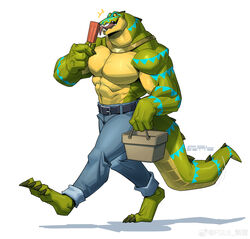  2023 abs absurd_res alley-gator anthro barazoku barefoot basket belt blue_markings bottomwear clothed clothing container crocodile crocodilian crocodylid dated denim denim_bottomwear denim_clothing fansl feet food full-length_portrait hi_res holding_basket holding_container holding_object jeans jewelry licking_popsicle male markings muscular muscular_anthro muscular_male necklace pants pecs popsicle portrait reptile scale_markings scales scalie smile solo supa_team_4 tail tongue tongue_out topless topless_anthro topless_male walking 