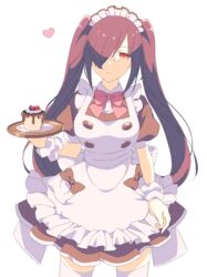  1boy absurdres anyadesu_yo apron black_dress black_hair bow bowtie breasts closed_mouth commentary cowboy_shot crossdressing dress fafnir_(maidragon) food frilled_apron frills glasses hair_over_one_eye heart highres holding holding_plate kobayashi-san_chi_no_maidragon large_breasts long_hair maid_apron maid_headdress male_focus male_with_breasts plate puffy_short_sleeves puffy_sleeves red_bow red_bowtie red_eyes round_eyewear scrunchie short_sleeves simple_background solo thighhighs twintails very_long_hair white_apron white_background white_thighhighs wrist_scrunchie zettai_ryouiki 