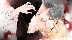  2boys alhaitham_(genshin_impact) black_shirt blonde_hair blood closed_mouth collarbone earrings genshin_impact grey_hair hair_between_eyes highres jewelry kaveh_(genshin_impact) long_sleeves male_focus multiple_boys oerba_yun_fang open_clothes open_mouth open_shirt red_eyes shirt short_hair twinayaume white_shirt yaoi 