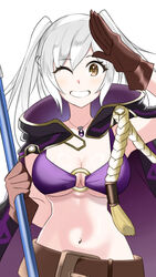  belt bikini breasts brown_belt brown_eyes brown_gloves cleavage female fire_emblem fire_emblem_awakening fire_emblem_heroes gloves highres holding holding_polearm holding_weapon jacket jacket_on_shoulders long_hair looking_at_viewer navel o-ring o-ring_bikini official_alternate_costume ondur one_eye_closed polearm purple_bikini robin_(female)_(fire_emblem) robin_(female)_(summer)_(fire_emblem) robin_(fire_emblem) smile swimsuit twintails underboob weapon white_background white_hair 